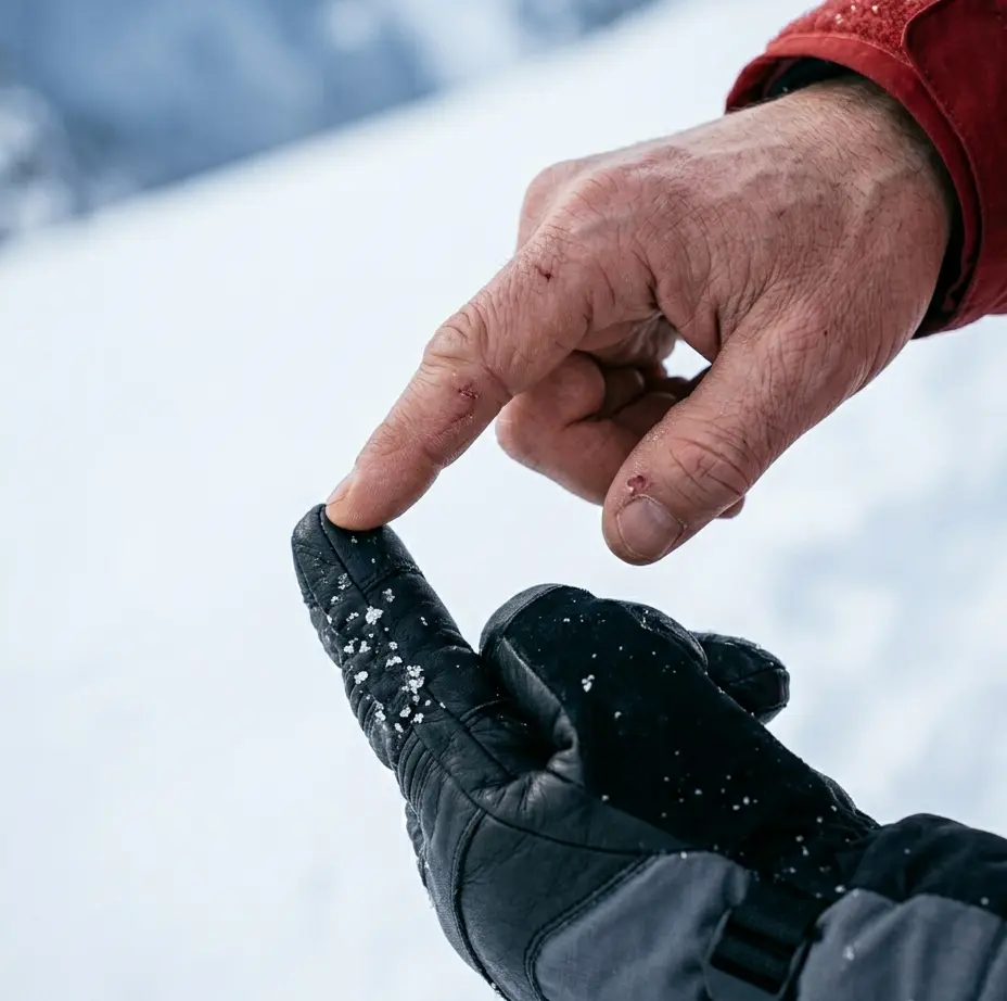 Performing a fingertip compression check on a ski glove to ensure adequate insulation loft