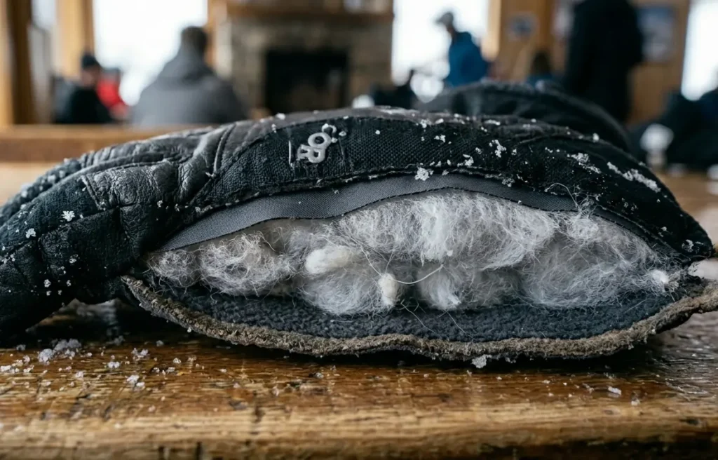 A cross-section of a cut-open ski glove showing the layers of synthetic insulation fibers
