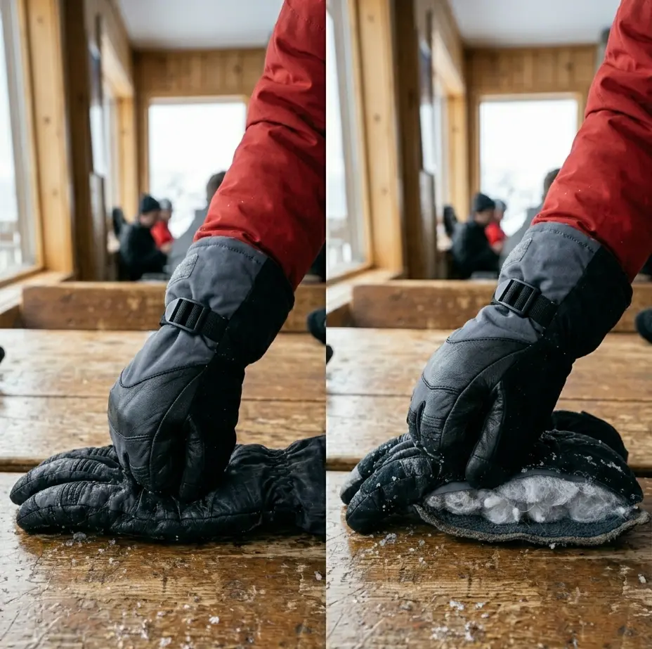 Comparing the loft and thickness of a new ski glove versus an old, compressed ski glove
