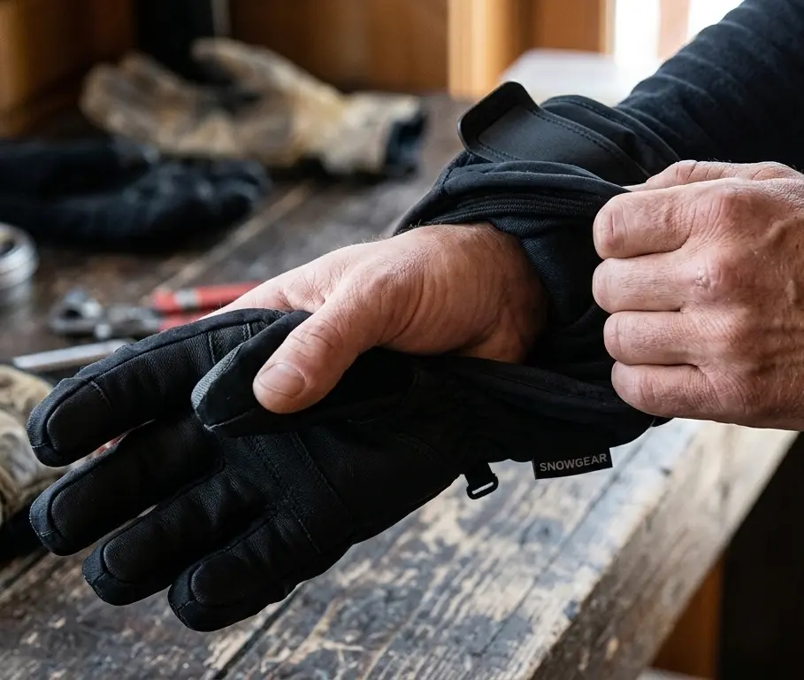 Demonstrating proper ski glove care by removing the glove from the wrist cuff to protect finger seams