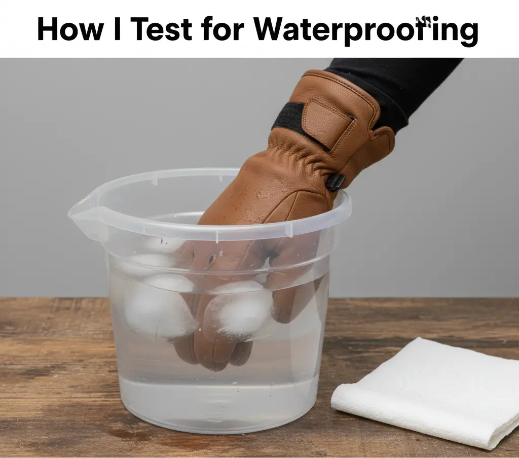  Real-world waterproof test of a ski glove submerged in a bucket of ice water