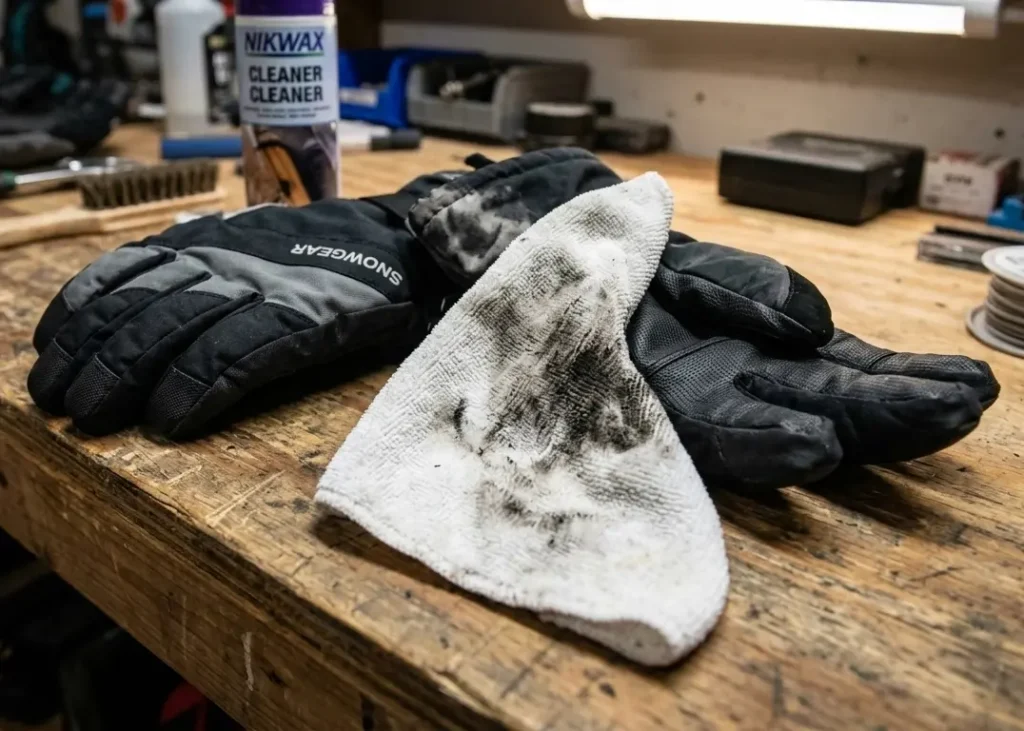 Testing ski glove care tips by wiping the outer shell to reveal hidden dirt and resort chemicals