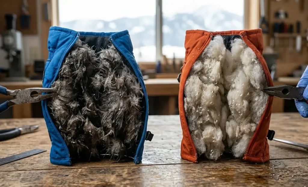 Comparing wet down insulation versus wet synthetic insulation inside a ski glove