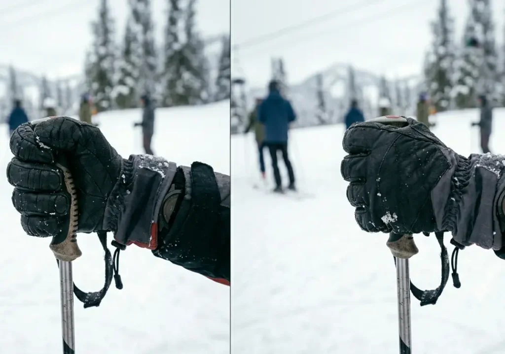 Gripping a ski pole tightly, which causes hand swelling and tight gloves during active skiing