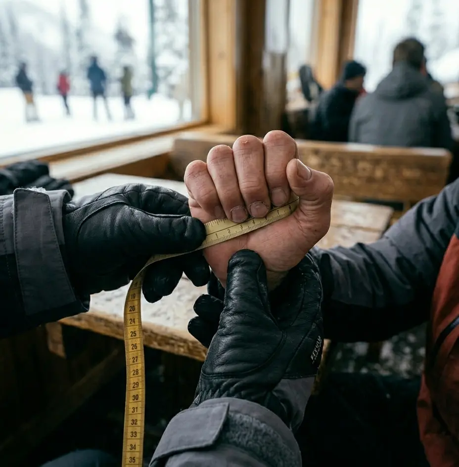 Measuring palm circumference with a tape measure to check European vs US ski glove sizing