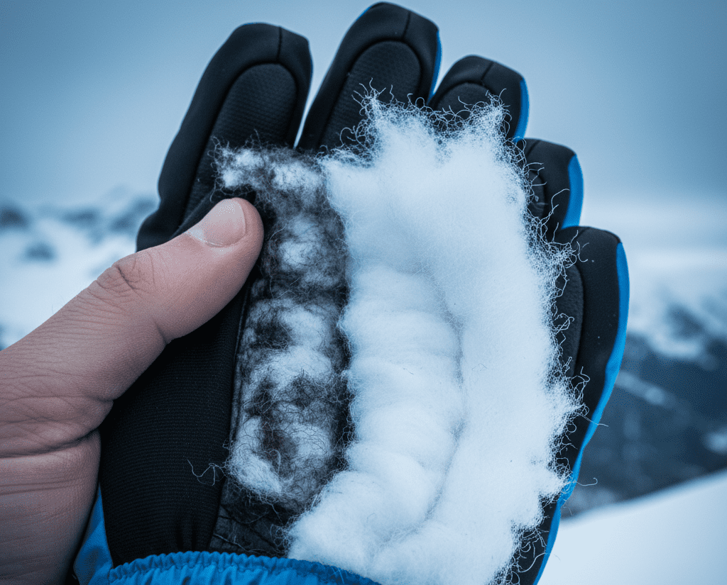 Compressed insulation inside ski gloves reduces warmth over time