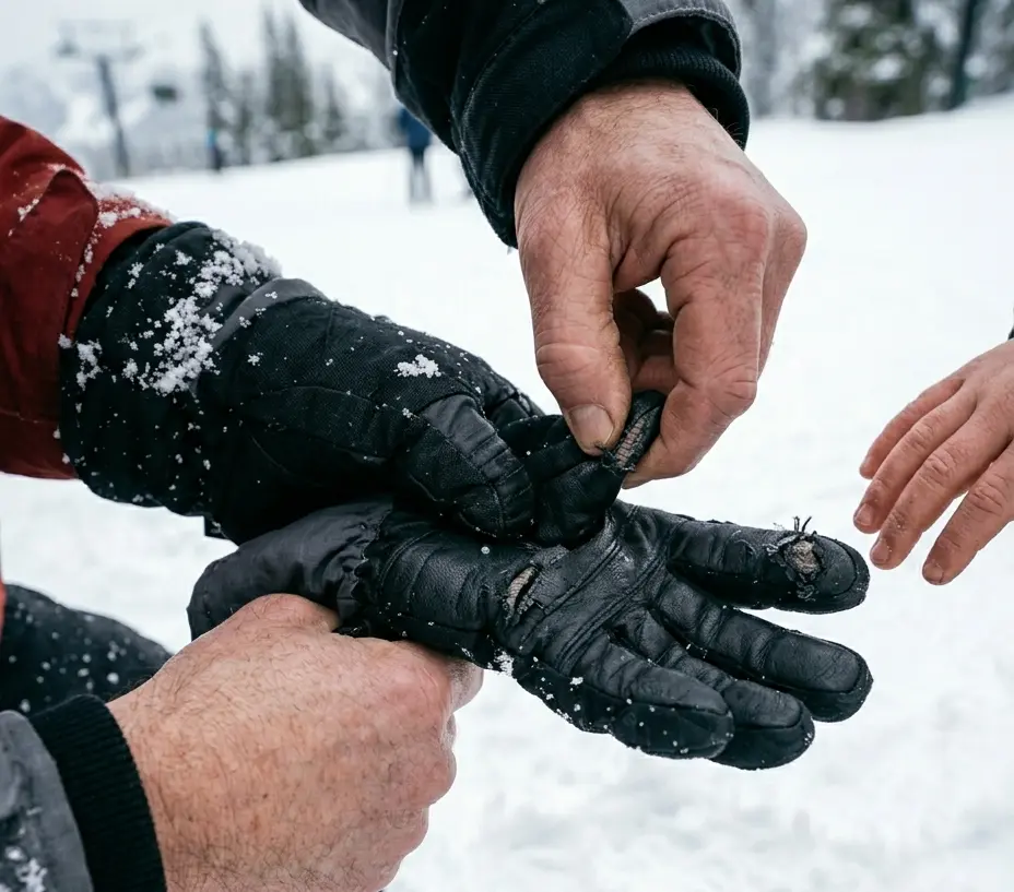 Inspecting a ski glove for seam failures and physical damage on the palm