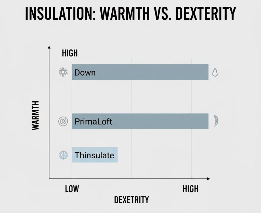 A comparison chart showing the trade-off between warmth and dexterity for common ski glove insulation materials