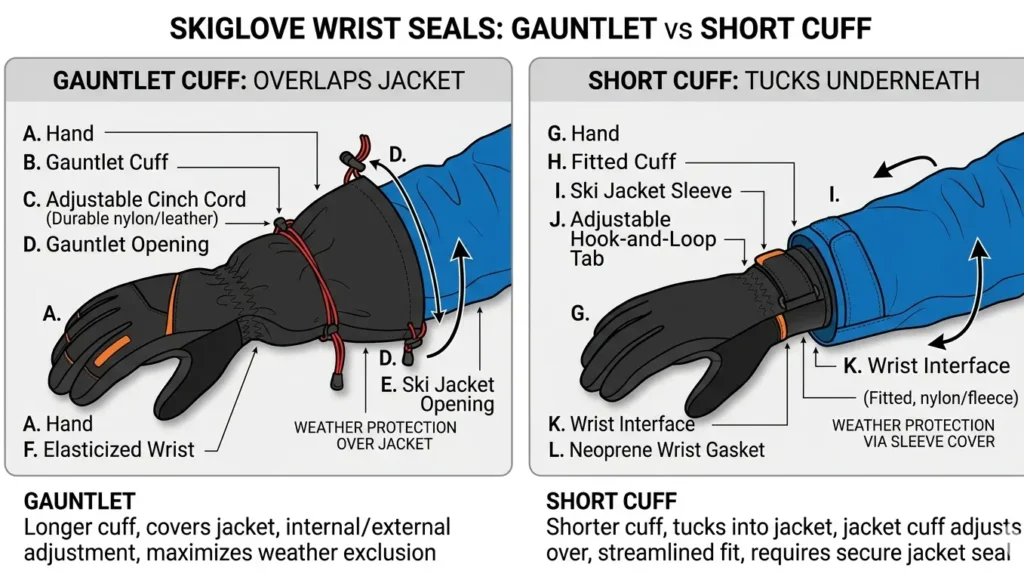 Diagram showing the structural differences in wrist seals between gauntlet vs short cuff ski gloves