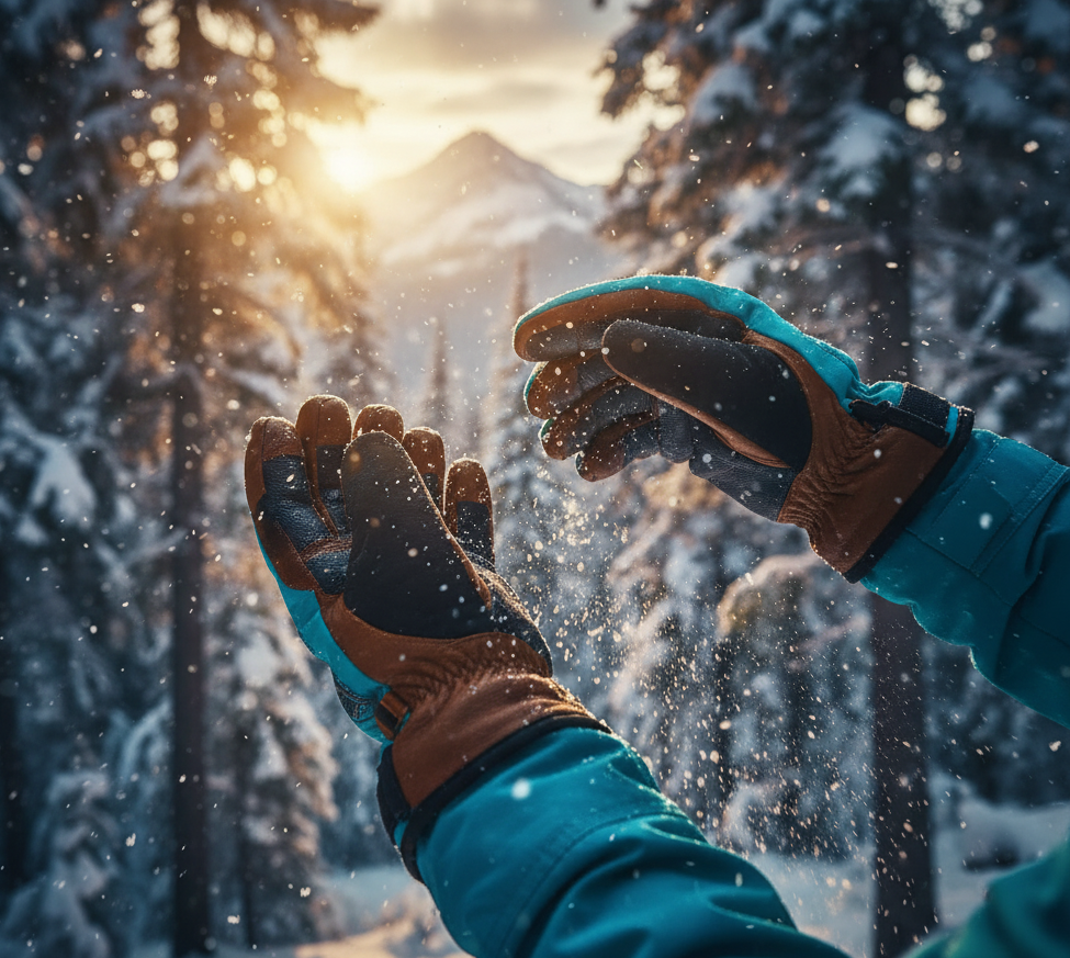 Ski Gloves vs Snowboard Gloves — Which Should You Choose? “Close-up of ski glove materials including leather, Gore-Tex, and insulation layers”