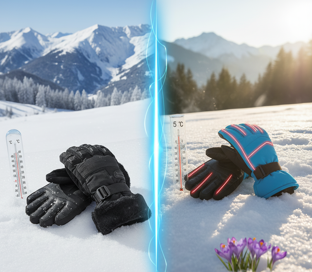 Bright blue ski gloves for +5°C warm ski days with sunlight and spring snow