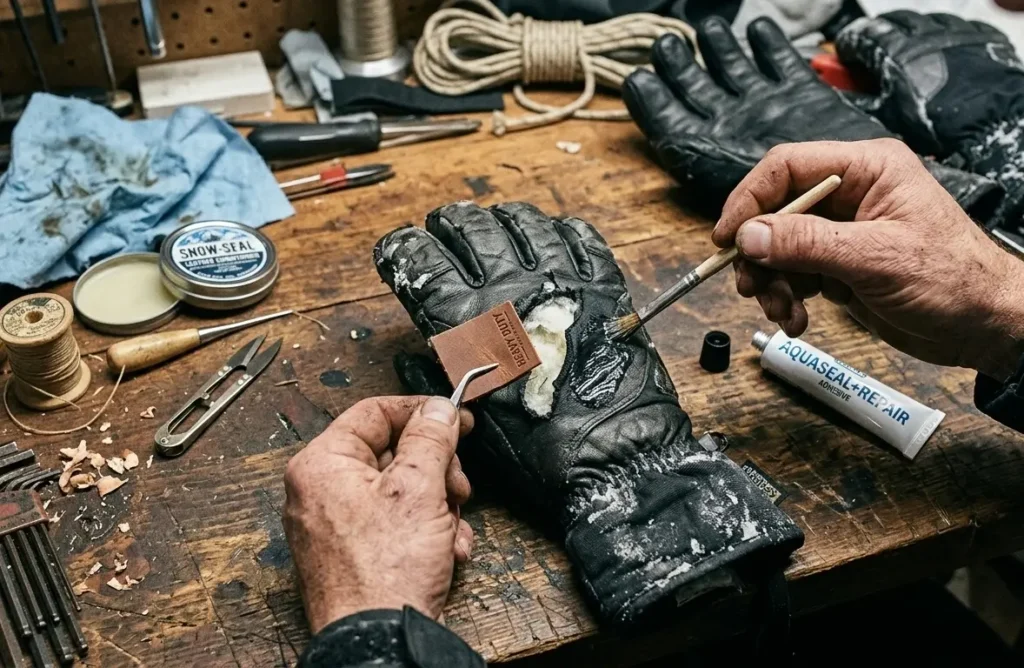  Applying a heavy-duty repair patch and adhesive to a severely torn ski glove on a gear workbench.