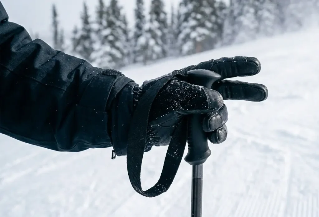 Demonstrating a loose three-finger pole grip to improve blood circulation and boost ski glove warmth