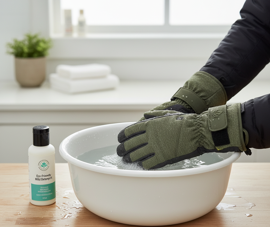 Hand washing eco-friendly ski gloves with mild detergent