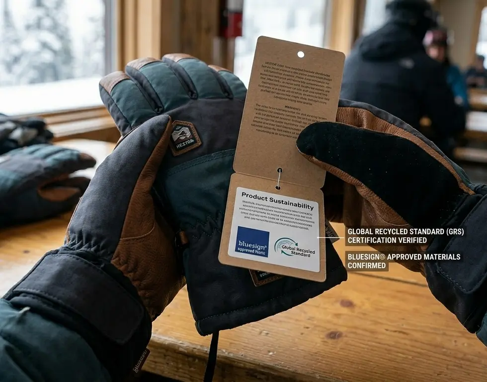 Checking the hang tag on a ski glove to verify Bluesign and GRS environmental certifications