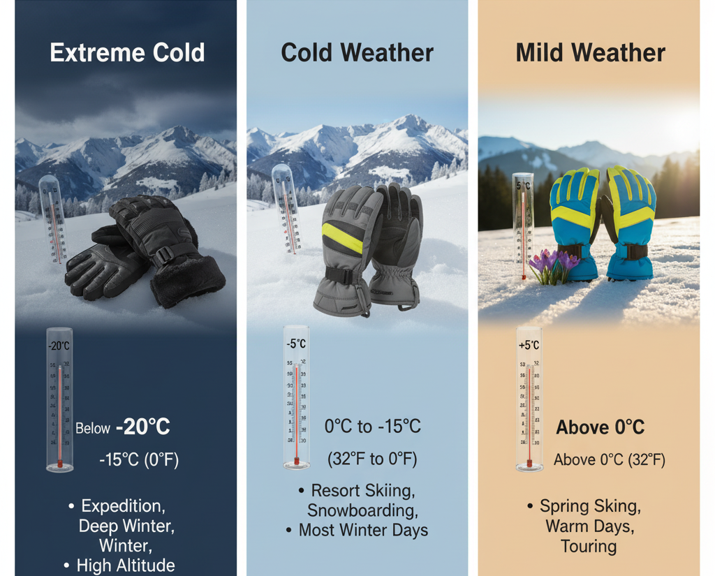 Ski gloves temperature rating chart for extreme cold, cold, and mild weather