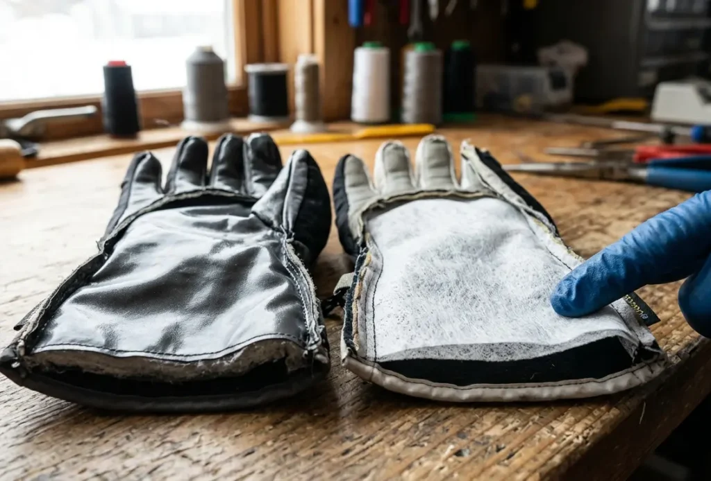 Comparing the inside of a non-breathable ski glove with a Gore-Tex membrane insert on a workbench