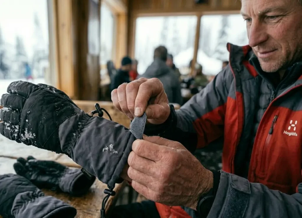 Loosening the wrist closure on a ski glove to relieve tightness in the palm and fingers