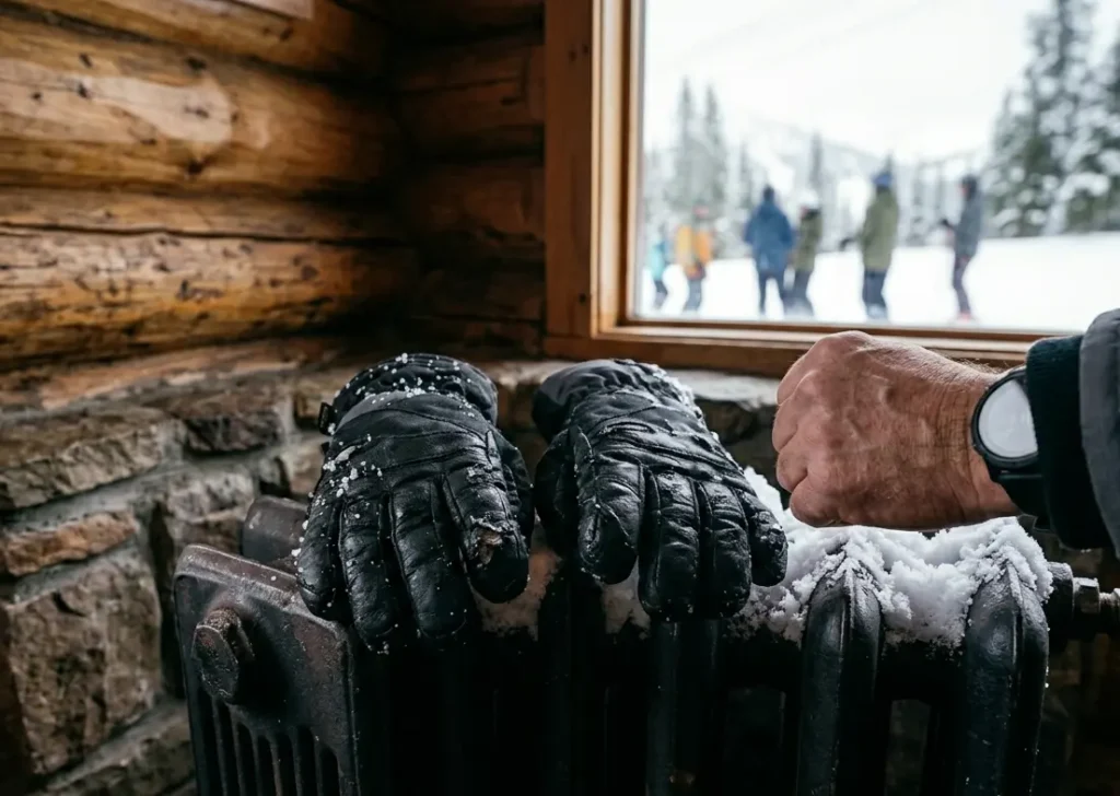 Ski gloves improperly placed on a hot radiator, which causes membrane delamination