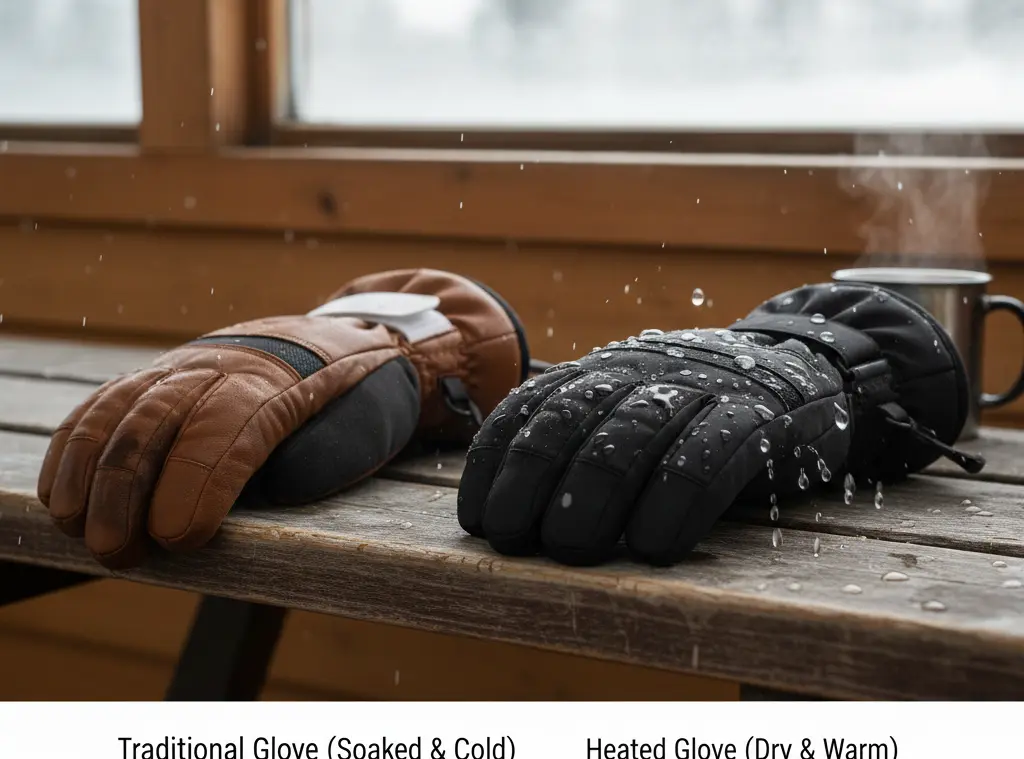 Side-by-side comparison of a soaked traditional glove versus a heated glove maintaining its warmth during wet snow testing