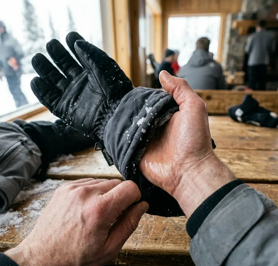 A sweaty hand emerging from an insulated ski glove after an active run