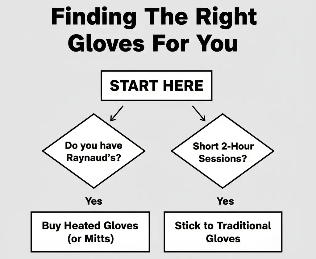 Decision-making flowchart to help skiers choose between heated and traditional insulated gloves based on their needs