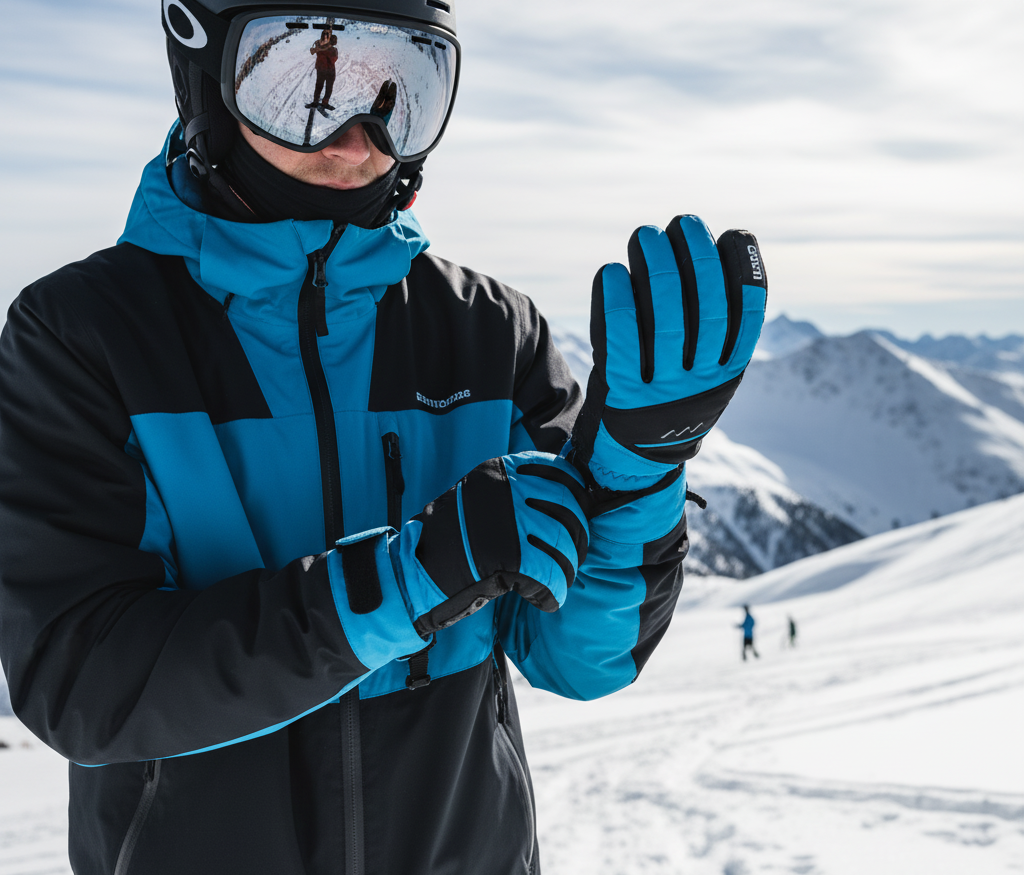 skier adjusting gloves on mountain to boost ski glove performance