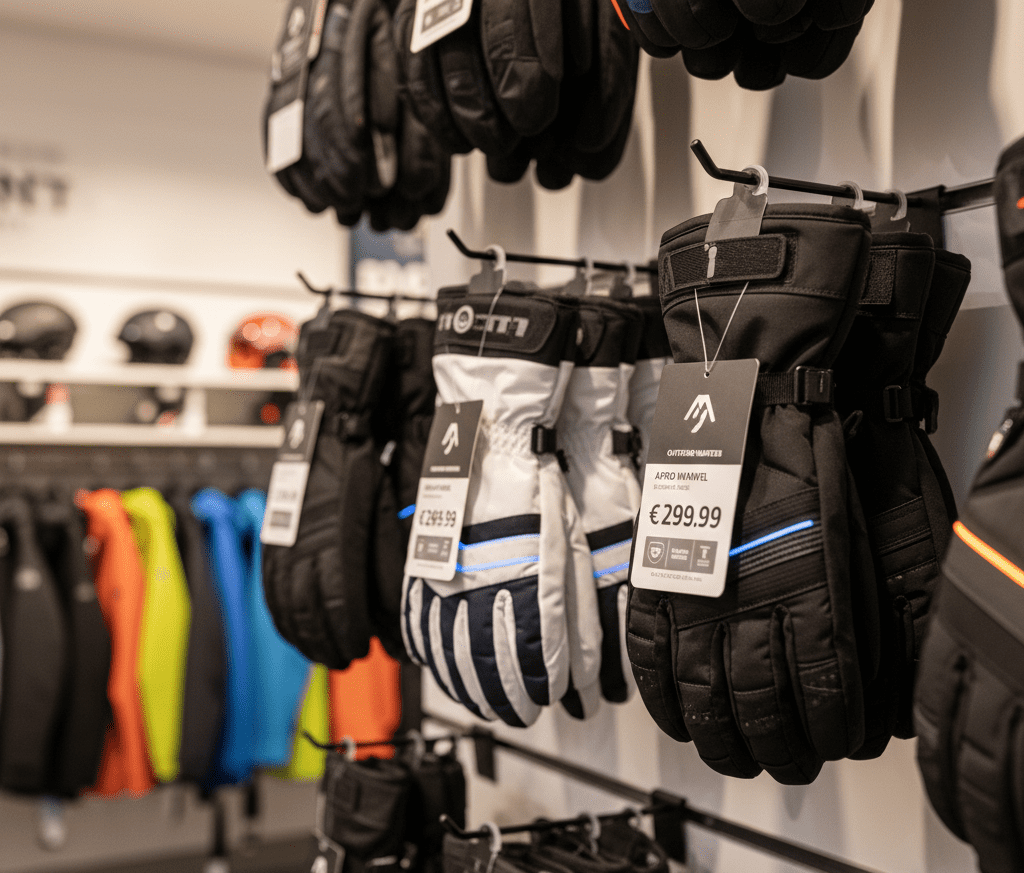 Price tags of ski gloves on display