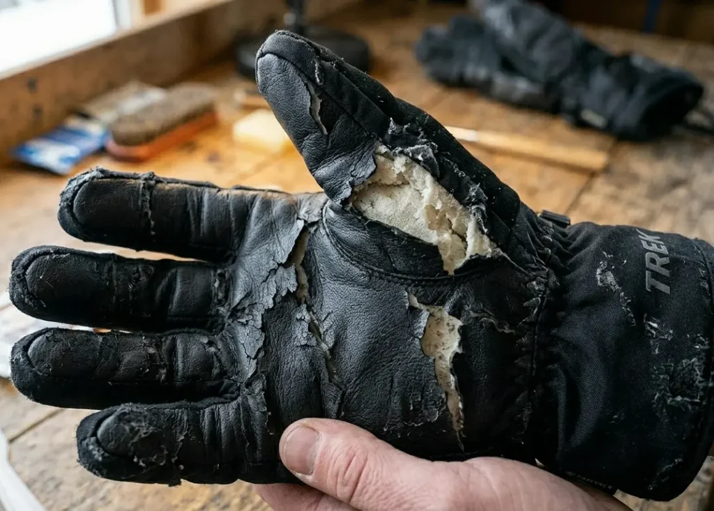 A cheap PU leather ski glove palm cracking and peeling away after heavy use on the mountain