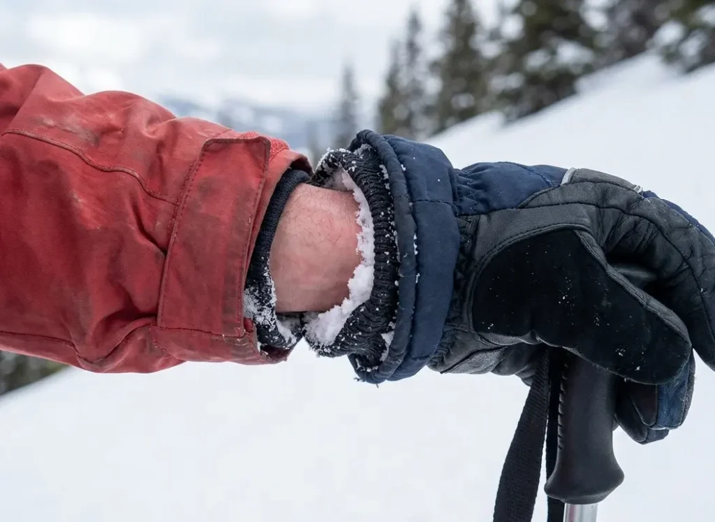 A worn-out knit elastic wrist cuff on a cheap ski glove failing to seal out the snow