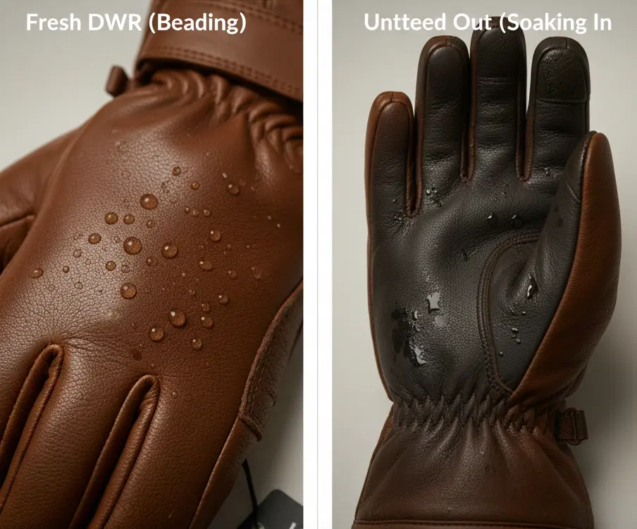 Comparison of a ski glove with fresh DWR beading water vs a soaked glove that has wetted out