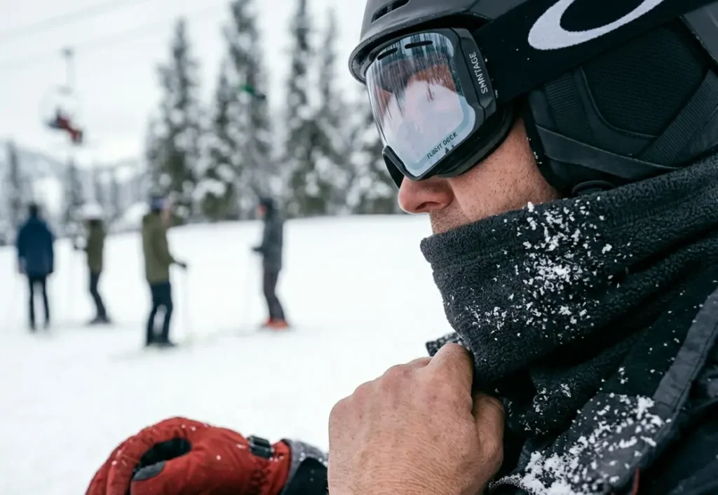 Wearing a neck gaiter while skiing to maintain core heat and keep hands warm