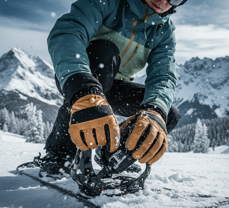 Ski Gloves vs Snowboard Gloves — Which Should You Choose? “Snowboarder adjusting bindings with insulated gloves during cold mountain conditions”