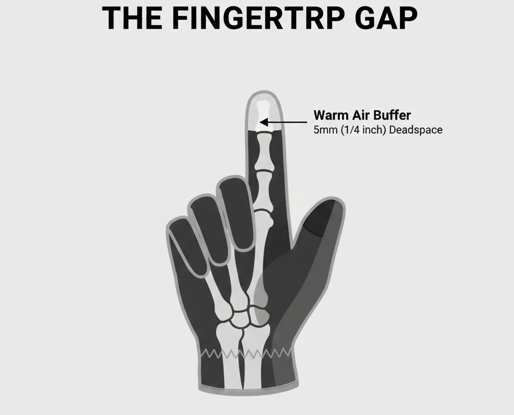 Diagram showing the recommended 5mm of dead space at the fingertip to prevent bruising and improve circulation in ski gloves.