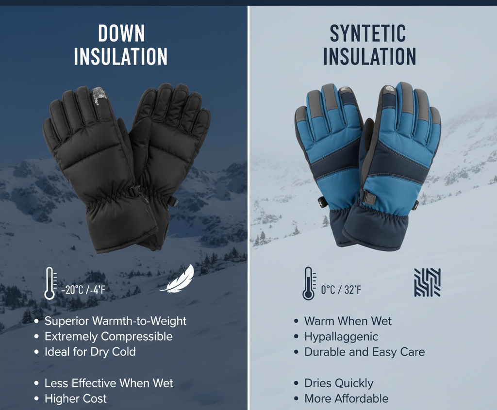  Down gloves vs. synthetic gloves, detailing warmth, wet performance, cost, and ideal conditions with icons and temperatures.