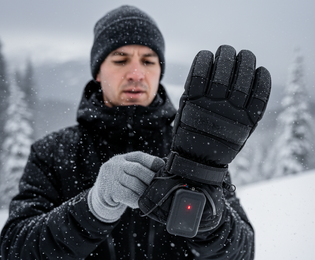 heated ski gloves with battery pack close-up