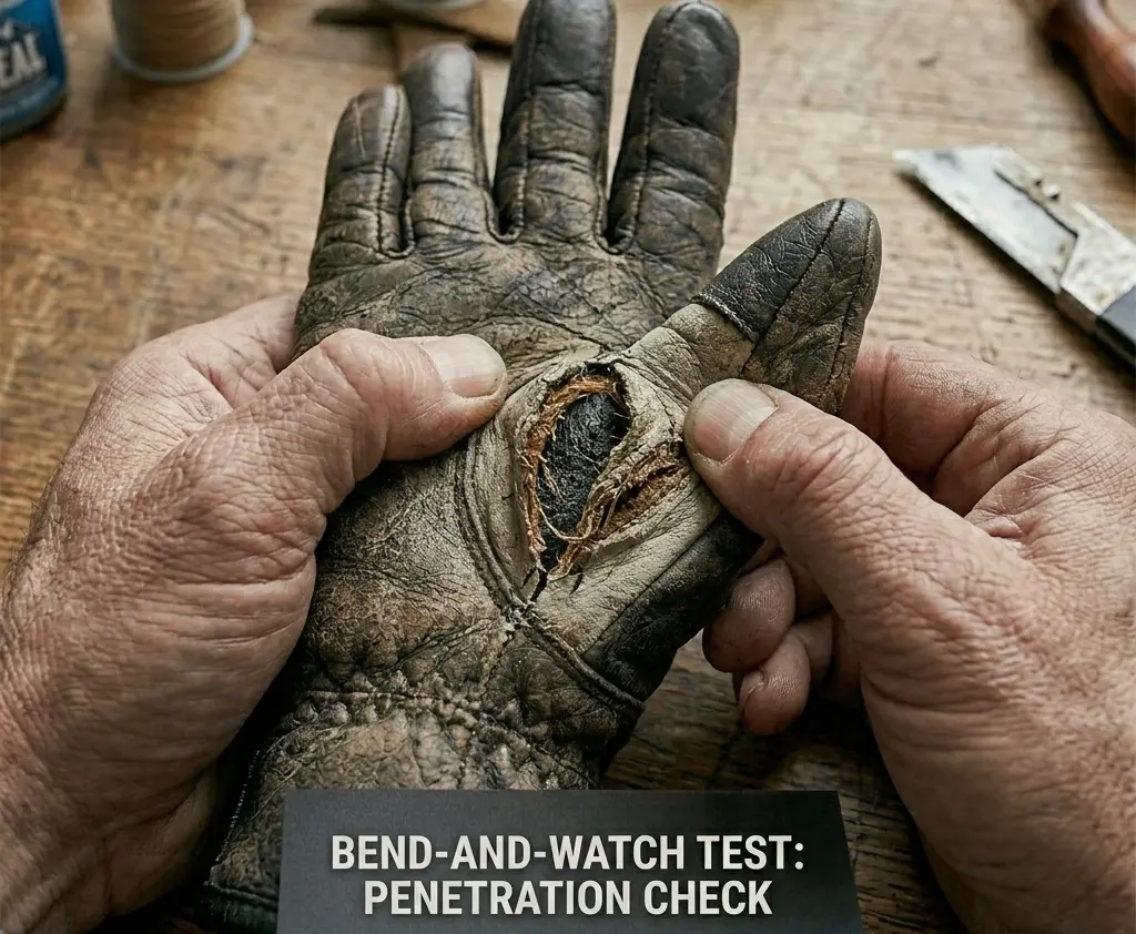Performing the bend-and-watch test on a cracked ski glove to determine if the damage penetrates the full material thickness