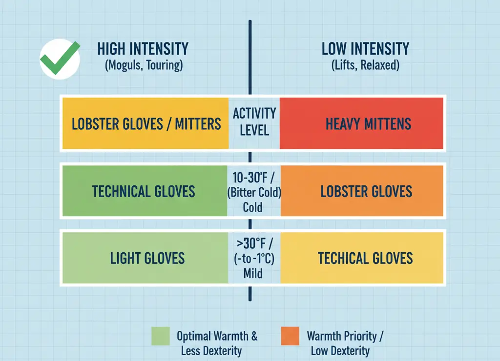 Decision matrix for picking mittens or gloves based on weather conditions