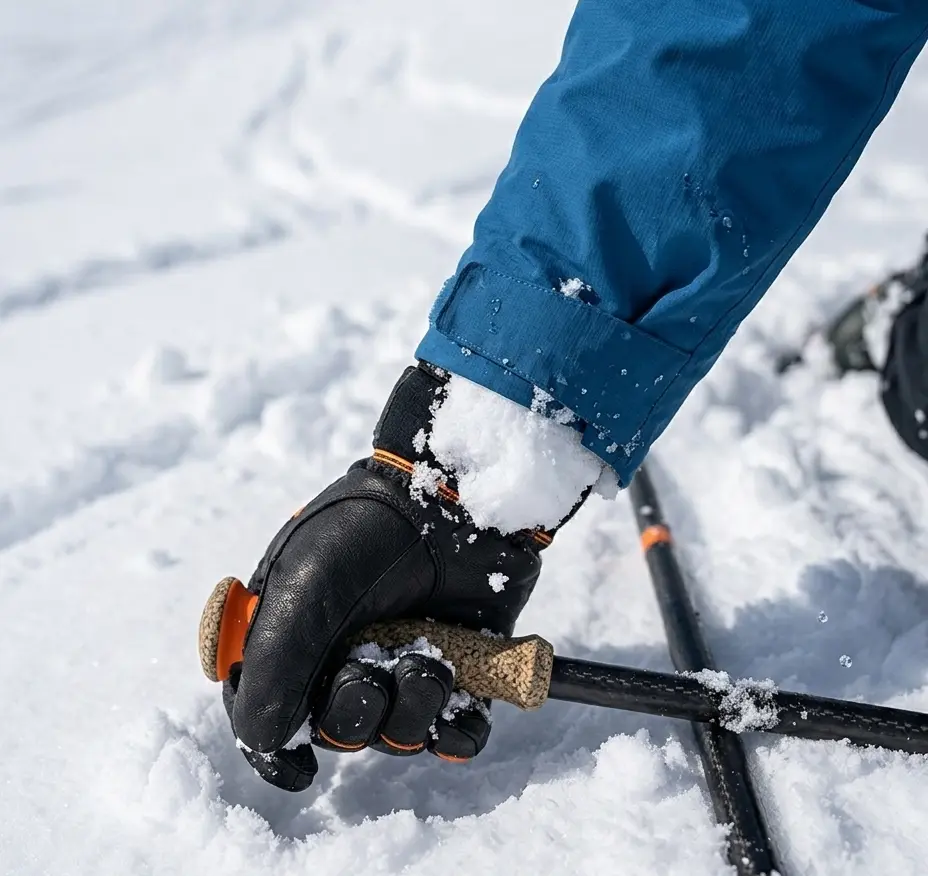 Real test results showing snow entry in a short cuff ski glove after a fall in powder