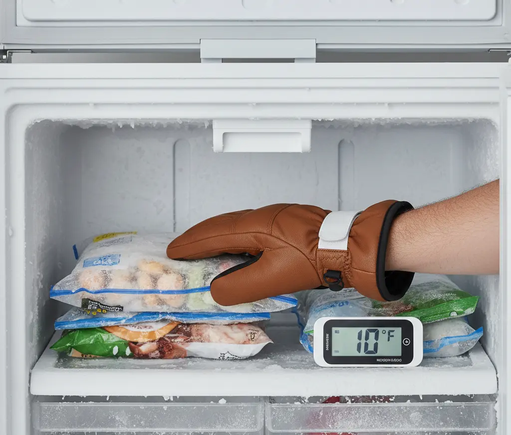 Real-world testing of heated ski gloves inside a chest freezer set to 10 degrees to measure thermal retention