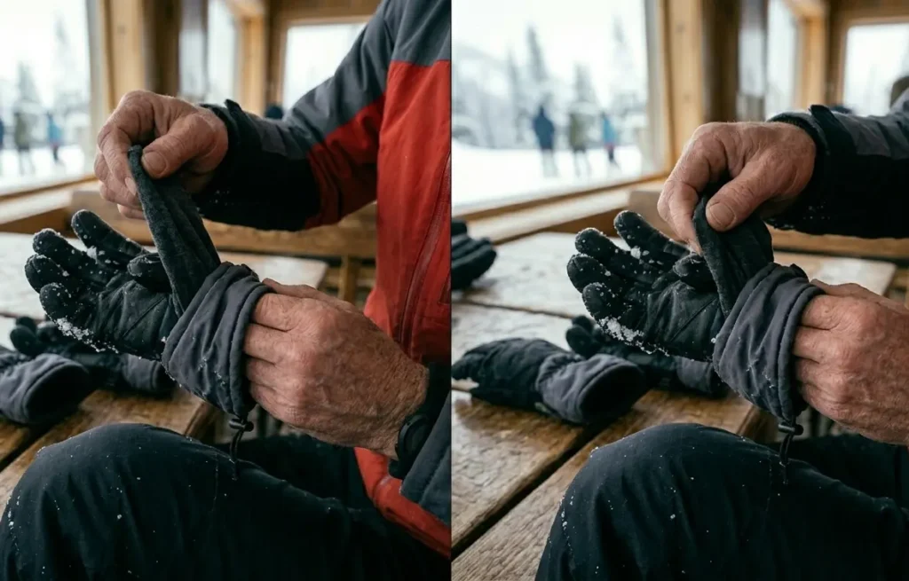 Sliding a merino wool liner into a ski glove to test interior volume