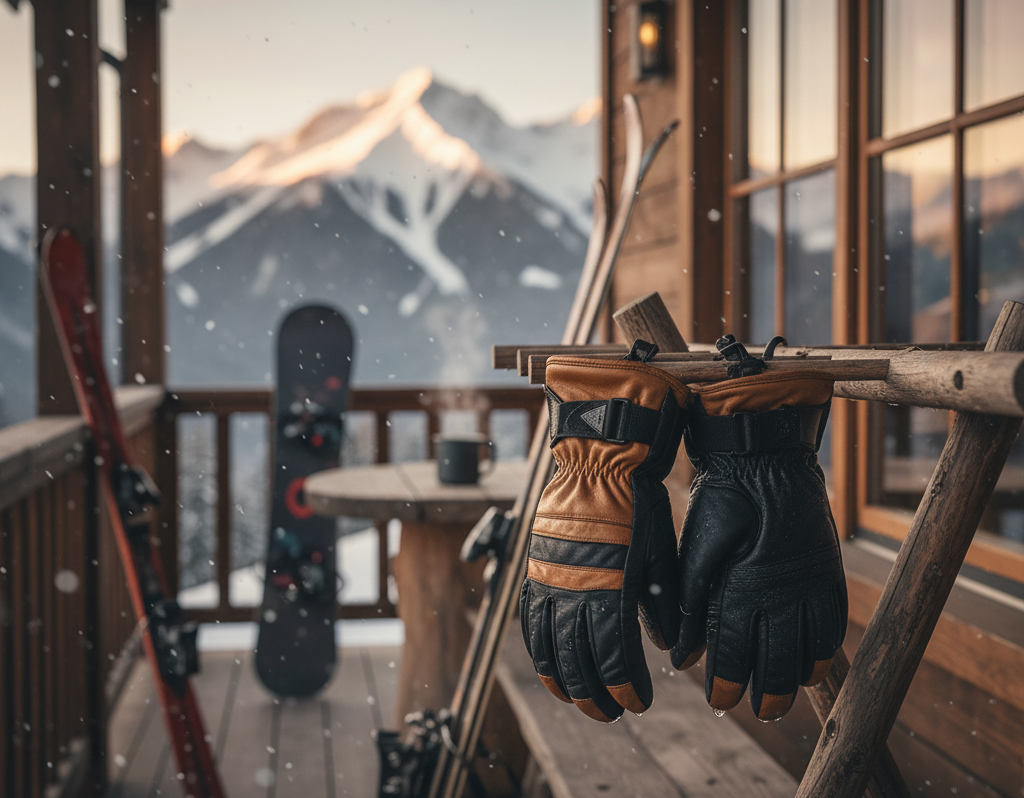 Ski Gloves vs Snowboard Gloves — Which Should You Choose? “Pair of ski gloves drying near a mountain lodge after a day on the slopes”