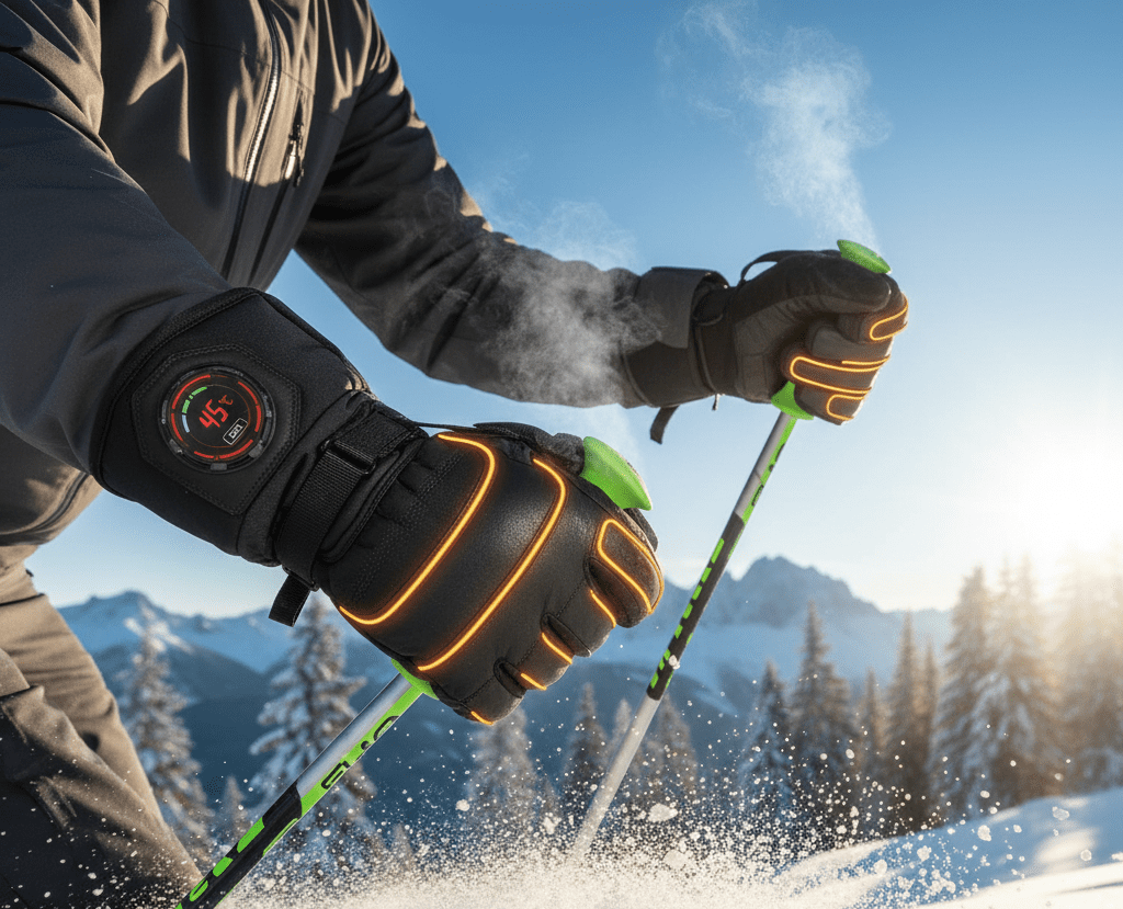 Skier gripping poles with warm gloves