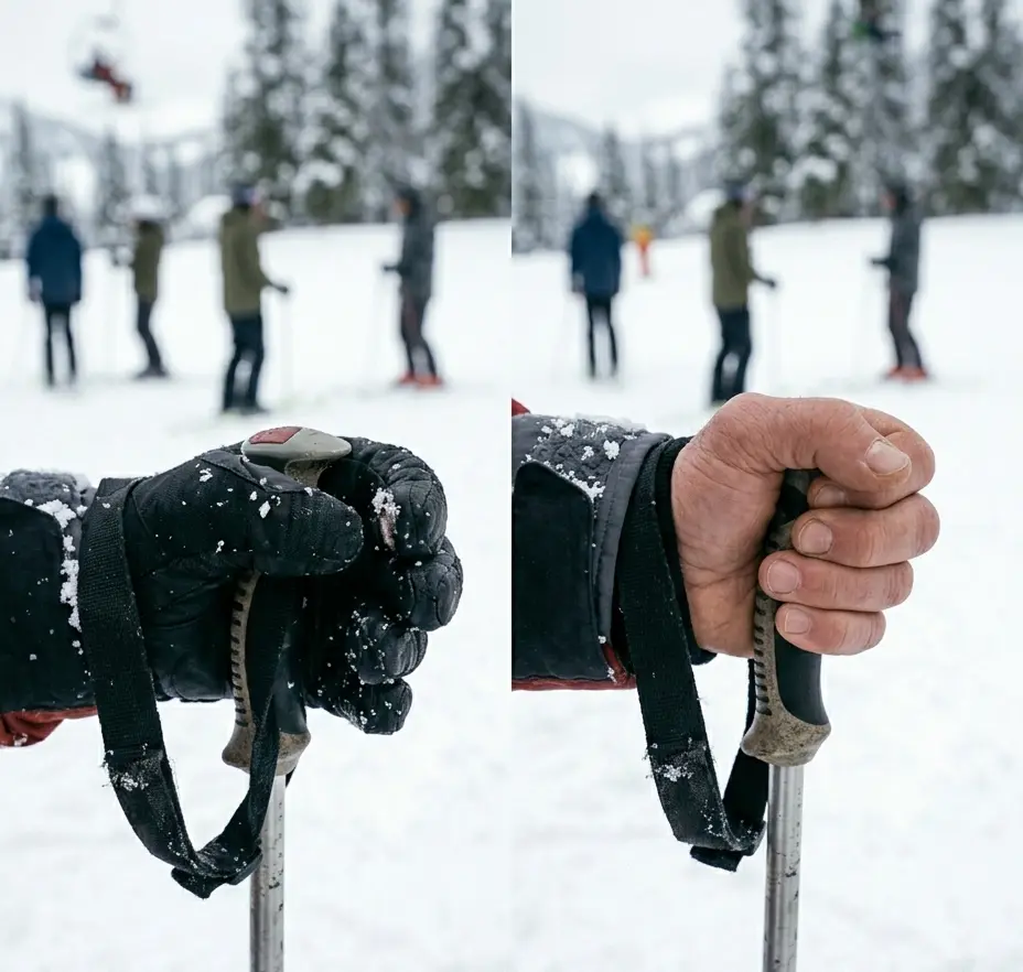 Using a loose three-finger grip on a ski pole to improve hand circulation
