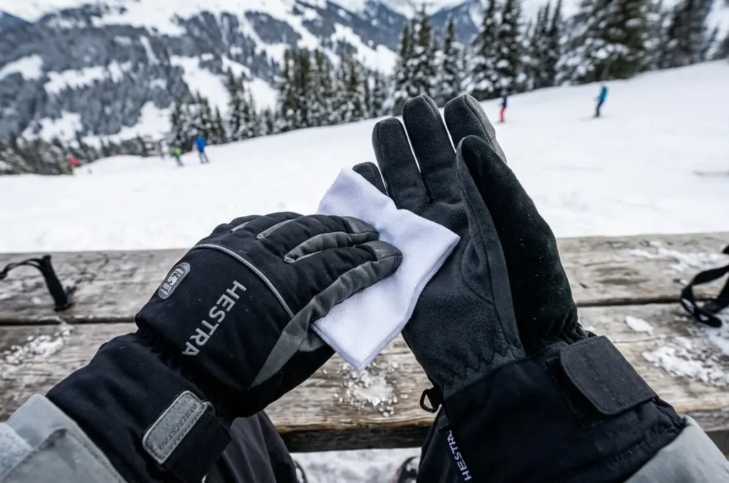Performing a dry cloth press test inside a ski glove to check for sweat accumulation