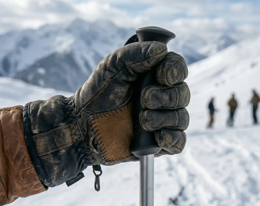 A gloved hand gripping a ski pole, demonstrating the high-flex stress points at the thumb joint and knuckles where cracking begins
