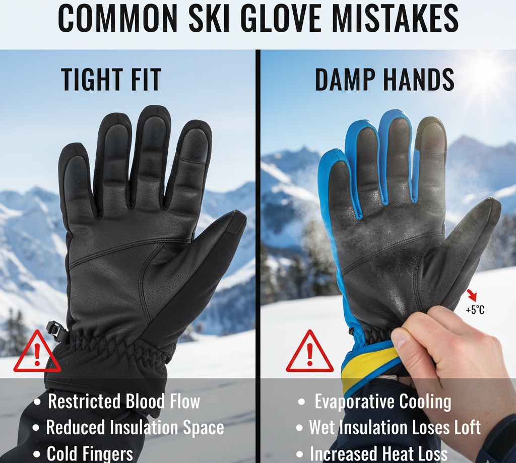"Common ski glove mistakes like tight fit and damp hands reducing warmth
