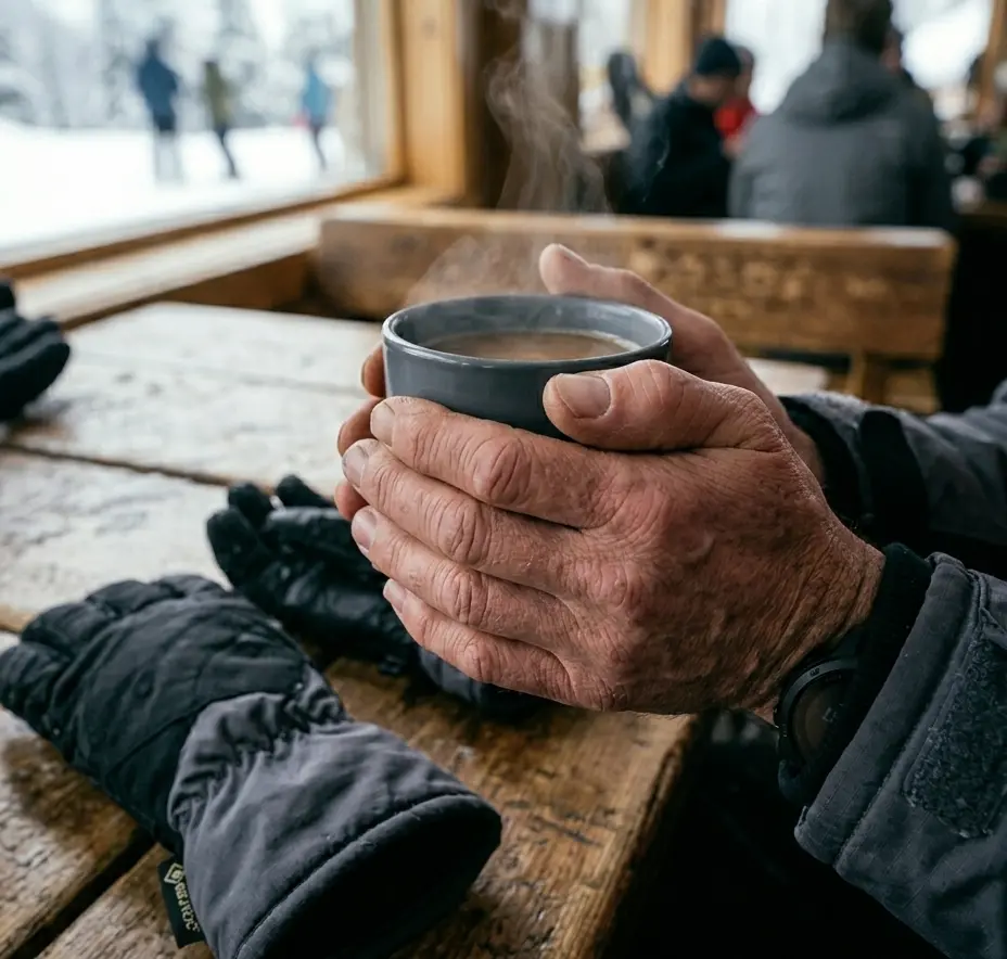 Holding a warm drink to pre-warm hands before putting on ski gloves