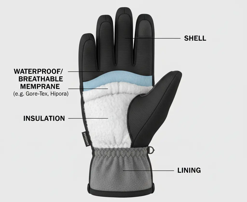  A cross-section diagram showing the internal waterproof membrane and insulation layers of a ski glove.