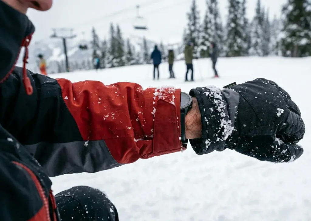 A wrist gap exposing a skier's arm between a short-cuff glove and a jacket sleeve
